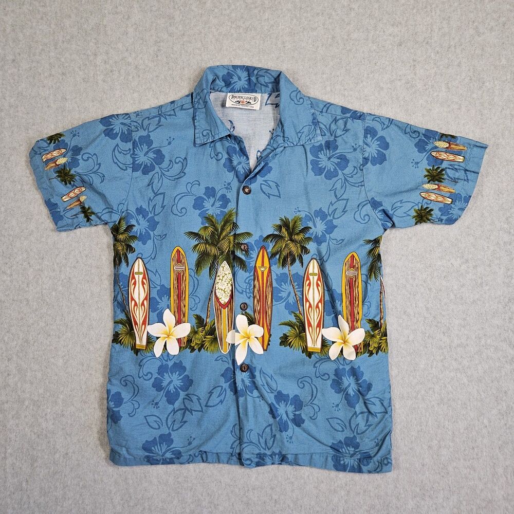 Pacific Legend Boys L Blue Hawaiian Shirt Surfboard Floral Button Front Aloha